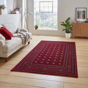 Dubai 62098 Traditional Bokhara Floral Motif Pattern Medallion Border Soft High Density Smooth Touch Polyester Deep Red/Navy/Black/White Rug-Think Rugs-Rug Love - The Most Loved Rug Store